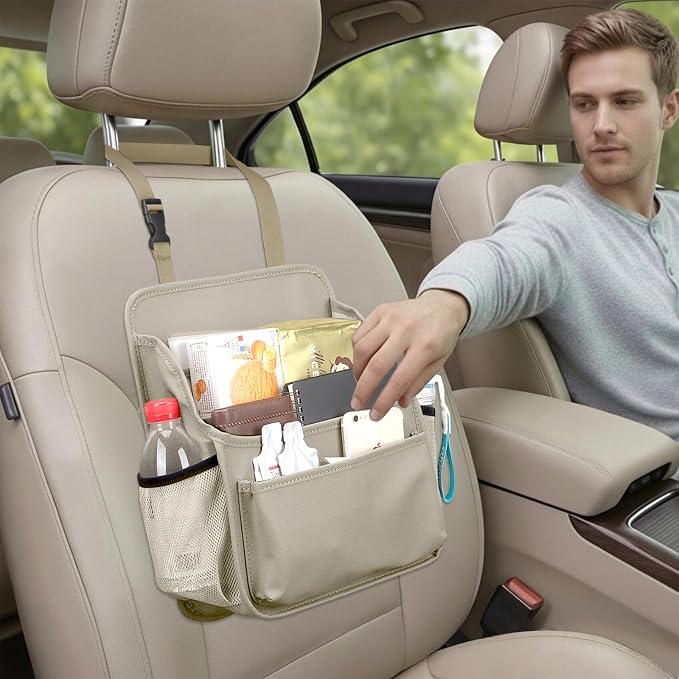 Viaviat Front Seat Organizer Car Upholstery Leather Passenger Seat Storage Bag Large Durable Car Organizer with Adjustable Strap Multiple Compartments Mesh Bags Cup Holders (beige)
