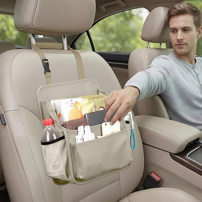 Viaviat Front Seat Organizer Car Upholstery Leather Passenger Seat Storage Bag Large Durable Car Organizer with Adjustable Strap Multiple Compartments Mesh Bags Cup Holders (beige)