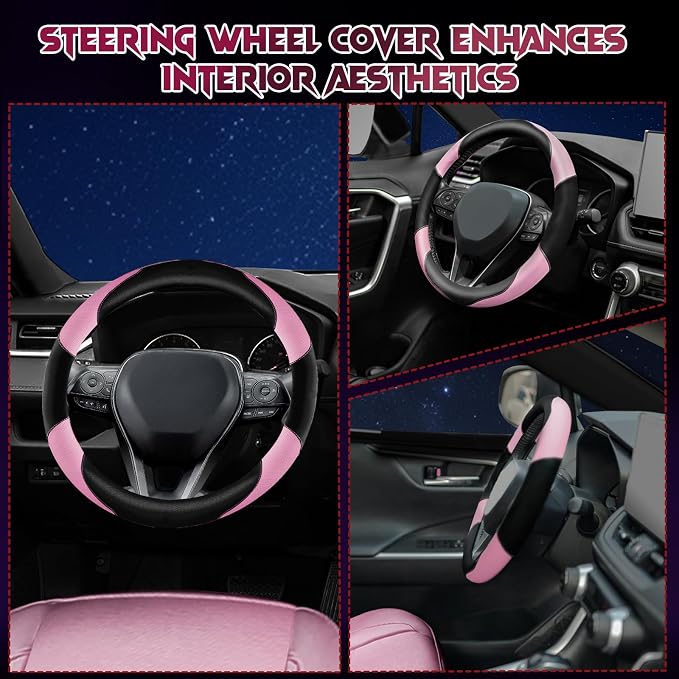 Soft Leather Steering Wheel Cover with Breathable Design and Anti-Slip Grip, Fully Compatible with Tesla, Toyota, Honda, Nissan 14.5-15.2 inch Round Steering Wheel（Sedans and SUVs）