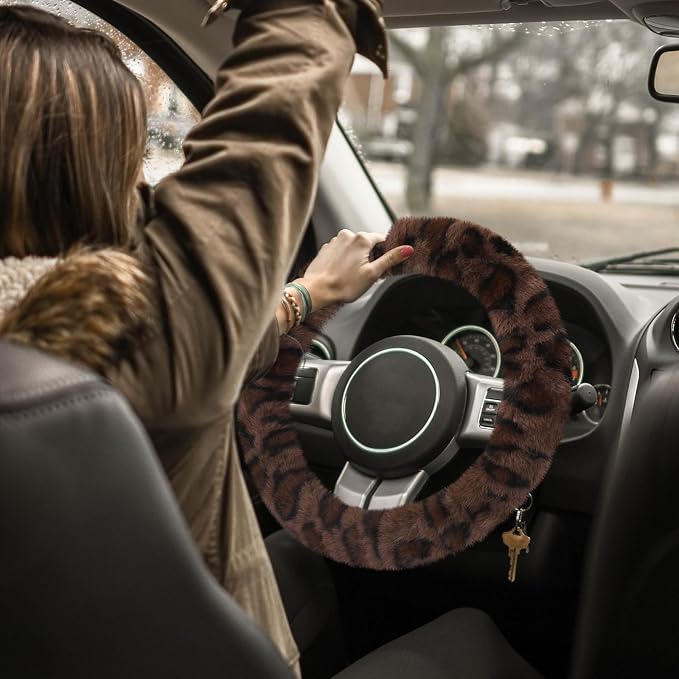 Accmor Fuzzy Car Steering Wheel Cover, Universal Fit Fur Auto Wheel Cover & Handbrake Cover & Gear Shift Cover Set, Fashion Leopard Fluffy Steering Wheel Protector Car Accessories for Men Women