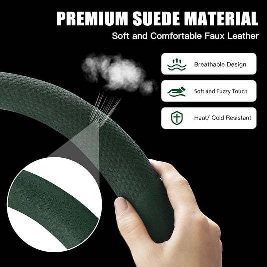 Suede Steering Wheel Cover with Upgraded Silicone Inner Ring, Breathable, Anti-Slip, Leather Universal 14.5 to 15 Inch Steering Wheel Cover (Green with Embossing Pattern)