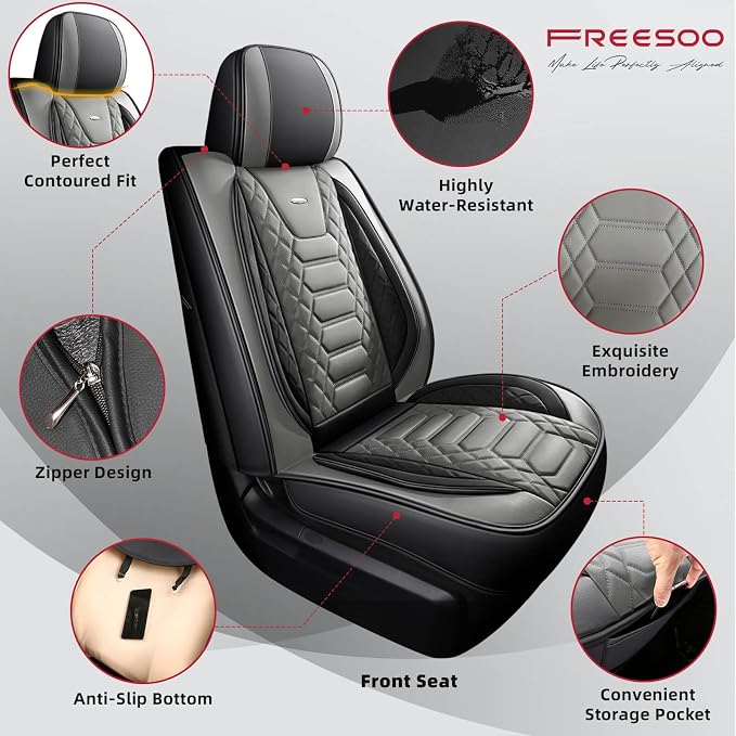 FREESOO Tundra Seat Covers 2014-2021 Full Set, Fit for Toyota Tundra Crewmax Cab, Custom Truck Seat Covers with Waterproof Faux Leather BlackGrey