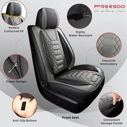 FREESOO Tundra Seat Covers 2014-2021 Full Set, Fit for Toyota Tundra Crewmax Cab, Custom Truck Seat Covers with Waterproof Faux Leather BlackGrey