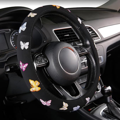 Embroidery Cute Steering Wheel Cover Stitched Butterfly Girly,Sweat Absorption,Universal 15 inch
