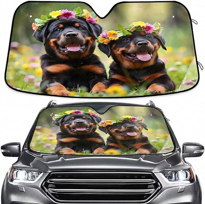 Windshield Sun Shade Rottweiler Dog Puppy Front Window Block UV Shades Visor Reflective Retractable for Car SUV Trucks