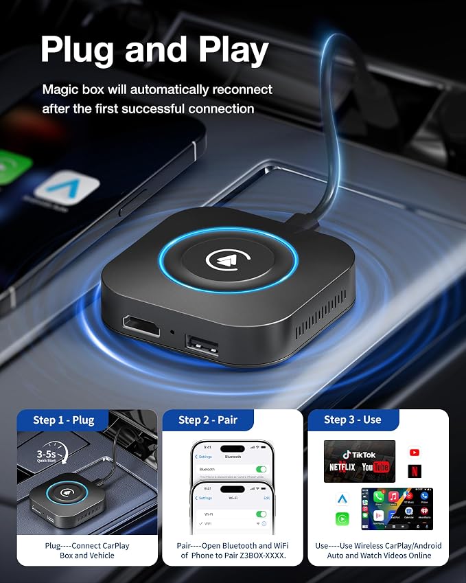 Magic Box Wireless CarPlay Adapter, Upgraded CarPlay & Android Auto, Support USB Offline Media Strea*ming, Plug & Play, Watch YouTube On Car, Magic Box for Factory Wired Car Play