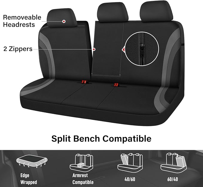 CAR PASS EVA Waterproof Back Seat Cover,Gray Bench Seat Cover, Rear Seat Cover Universal Fit for Cars Sedans SUVs Vans Truck 95% Automotive Interior Backseat Car Covers (Rear,Black and Gray)