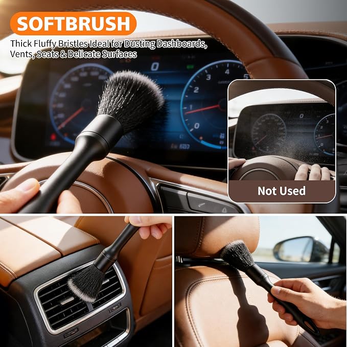 8PCS Car Detailing Brush Set, Ultra Soft Boars Hair Car Interior Detailing Brushes, Premium Car Wash Brush Kit for Professional Results ﻿Car Duster Interior or Exterior, Car Accessories Interior Tools