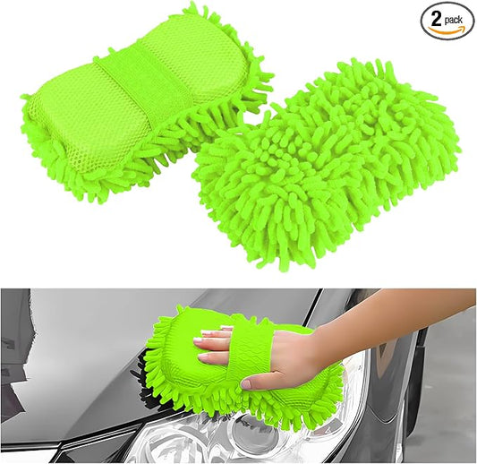 2PCS Microfiber Car Wash Sponge, Double Sided Chenille Microfiber Car Wash Mitt, Scratch Free & Lint Free, Absorbent Automotive Washing Sponges, Auto Cleaning Supplies (Fluorescent Green)