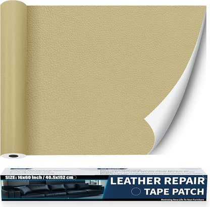 Zenyao Leather Repair Patch Tape - Self Adhesive Leather Repair Kit for Car Seat Furniture, Heavy Duty Vinyl Repair Patch for Couch Sofa, Waterproof Fix for Tears, 16x60 Inch Roll, White Khaki