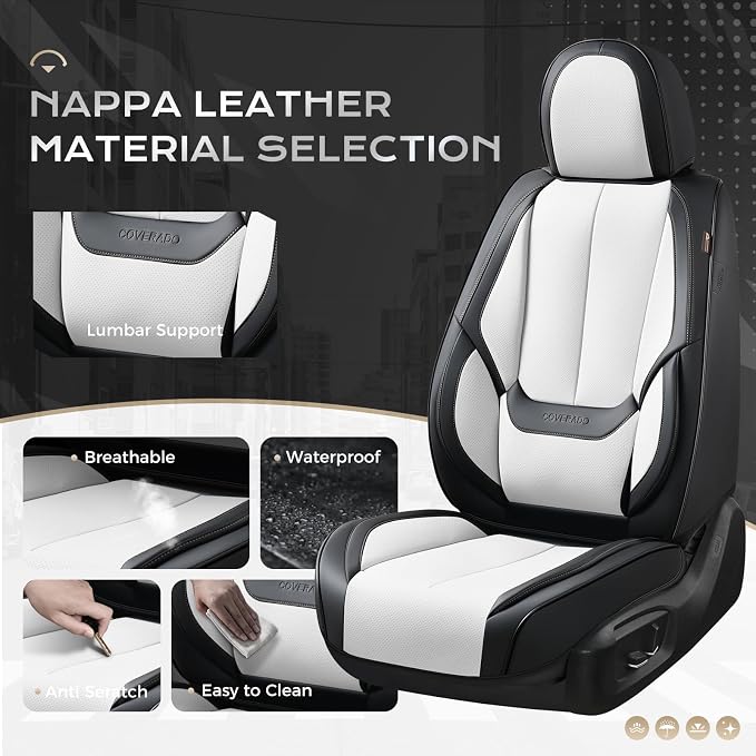 Coverado Seat Covers, Car Seat Covers Front Seats, Leather Seat Covers for Cars, Car Seat Protector Waterproof, Black Car Seat Cushion, Front Carseat Cover Universal Fit for Most Cars White