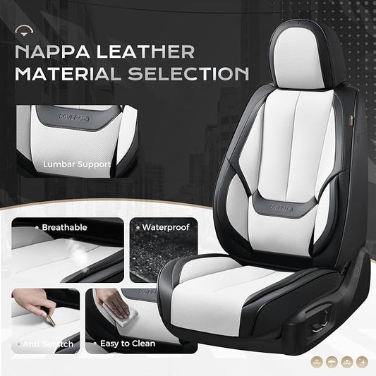 Coverado Seat Covers, Car Seat Covers Front Seats, Leather Seat Covers for Cars, Car Seat Protector Waterproof, Black Car Seat Cushion, Front Carseat Cover Universal Fit for Most Cars White