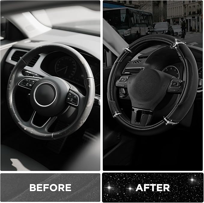 Road Comforts Leather Steering Wheel Cover - Made with PVC Leather - Anti-Slip, Universal Fit 14 1/2 inches to 15 inches - Black