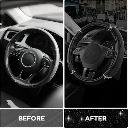 Road Comforts Leather Steering Wheel Cover - Made with PVC Leather - Anti-Slip, Universal Fit 14 1/2 inches to 15 inches - Black