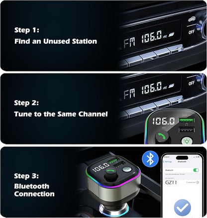 LIHAN Bluetooth 5.4 FM Transmitter for Car, 36W(12V)-65W(24V) Type C Retractable Cord Fast Charger, Wireless Audio Adapter with Hi-Fi Bass,Hands-Free Call,Music Player,Compatible with iPhone & Android