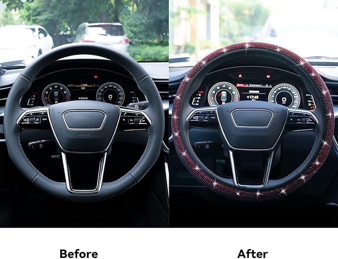 Bling Steering Wheel Cover, Rhinestone Steering Wheel Cover with Crystal Diamond for Women, Sparkling Car Wheel Protector Universal Fit 14-15 inches - Red