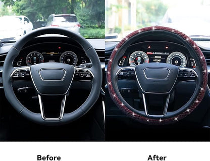 Bling Steering Wheel Cover, Rhinestone Steering Wheel Cover with Crystal Diamond for Women, Sparkling Car Wheel Protector Universal Fit 14-15 inches - Red