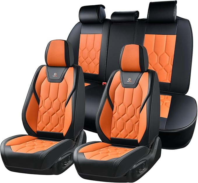 Huidasource Seat Covers Full Set, Universal Fit for Most Cars SUV Trucks, Full Coverage Leather Seat Cover, Airbag, Cupholder Compatible, Seat Function Retain, Easy Install with Velcro, Black&Orange
