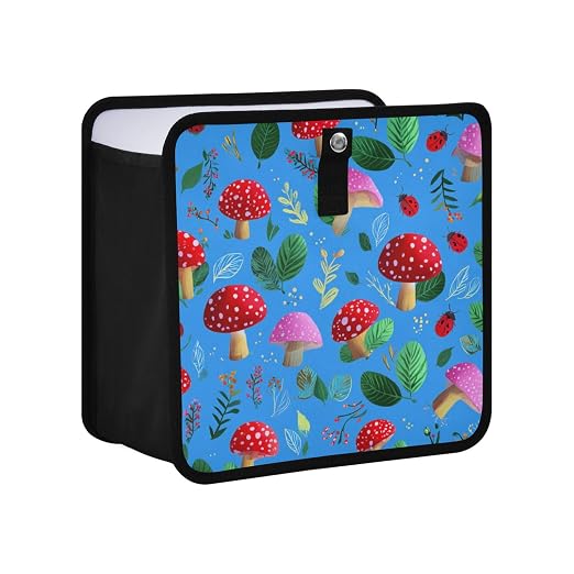 Car Trash Can Organizer Bin with Adjustable Strap for Back Front Seat Console Waterproof Leakproof Collapsible Portable 8.66 Inch Bright Blue Mushrooms Leaves and Ladybugs
