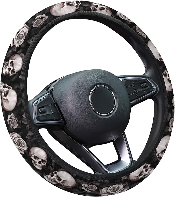 GENANY Rose Skull Steering Wheel Cover, Non Slip Polyester Car Wheel Protector for Car SUV Truck, Universal 15 Inch