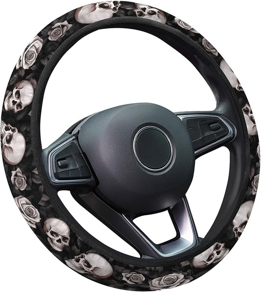 GENANY Rose Skull Steering Wheel Cover, Non Slip Polyester Car Wheel Protector for Car SUV Truck, Universal 15 Inch