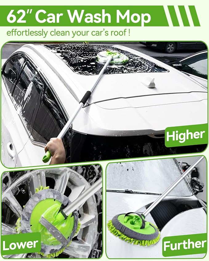 8Pcs Car Wash Kit, 62’’ Car Wash Brush with Long Handle, Microfiber Carwash Kit Set, Car Washing Supplies for Cars RV Truck Exterior