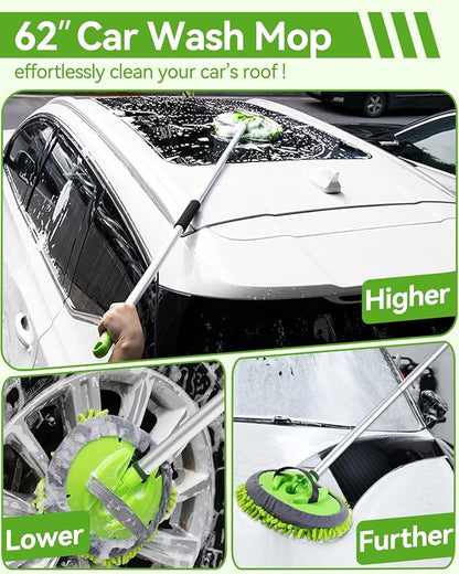 8Pcs Car Wash Kit, 62’’ Car Wash Brush with Long Handle, Microfiber Carwash Kit Set, Car Washing Supplies for Cars RV Truck Exterior