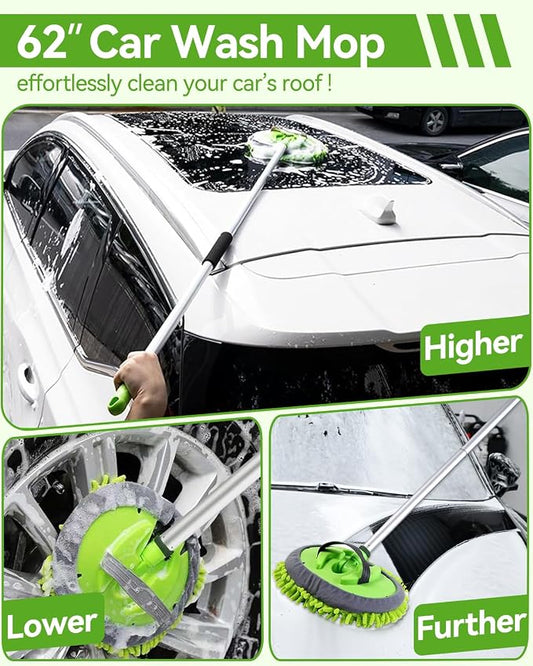 8Pcs Car Wash Kit, 62’’ Car Wash Brush with Long Handle, Microfiber Carwash Kit Set, Car Washing Supplies for Cars RV Truck Exterior