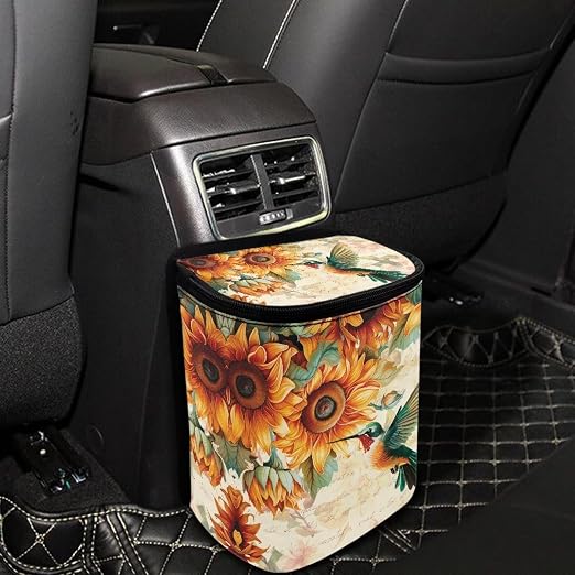 BIGCARJOB Universal Car Trash Bag for Back Seat, Hummingbird Sunflower Print Hanging Trash Can With Lid, Multi-Use Storage Organizer, Interior Accessories