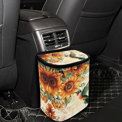 BIGCARJOB Universal Car Trash Bag for Back Seat, Hummingbird Sunflower Print Hanging Trash Can With Lid, Multi-Use Storage Organizer, Interior Accessories