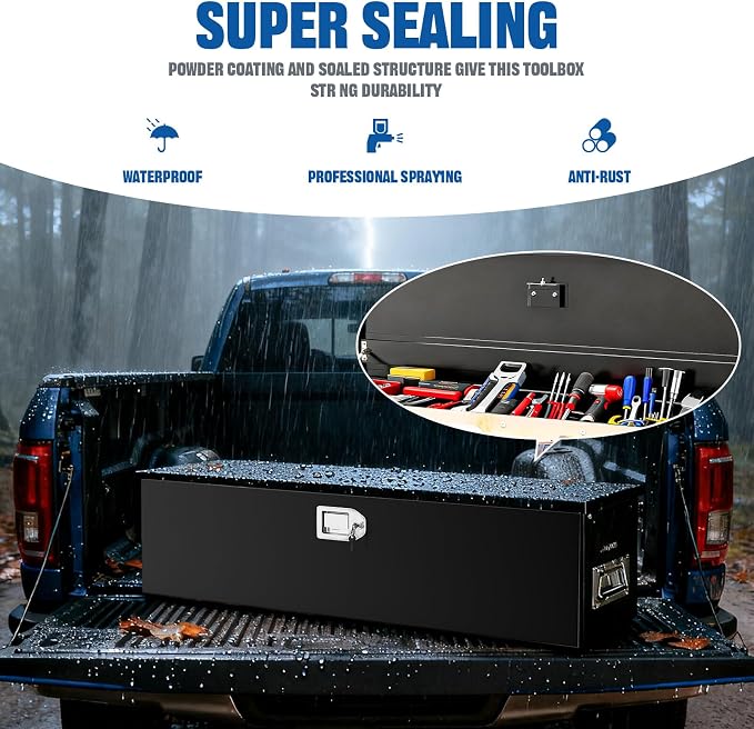 Truck Bed Tool Box, Crossover, 38.5 x 11.6 x 9.6 Inches, Alloy Steel, Lockable, Weathertight, Rust Resistant, Impact Resistant, Dustproof, Flip Top, for Pickup Trucks