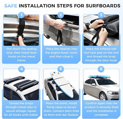 Truckiipa Soft Roof Rack Pads, 2Pcs Universal Inflatable Airbag Roof Racks for Surfboard, Kayak, SUP, Reusable Heavy Duty Car Racks System with Straps, Air Pump, Hood Loops and Storage Bag, 44inch