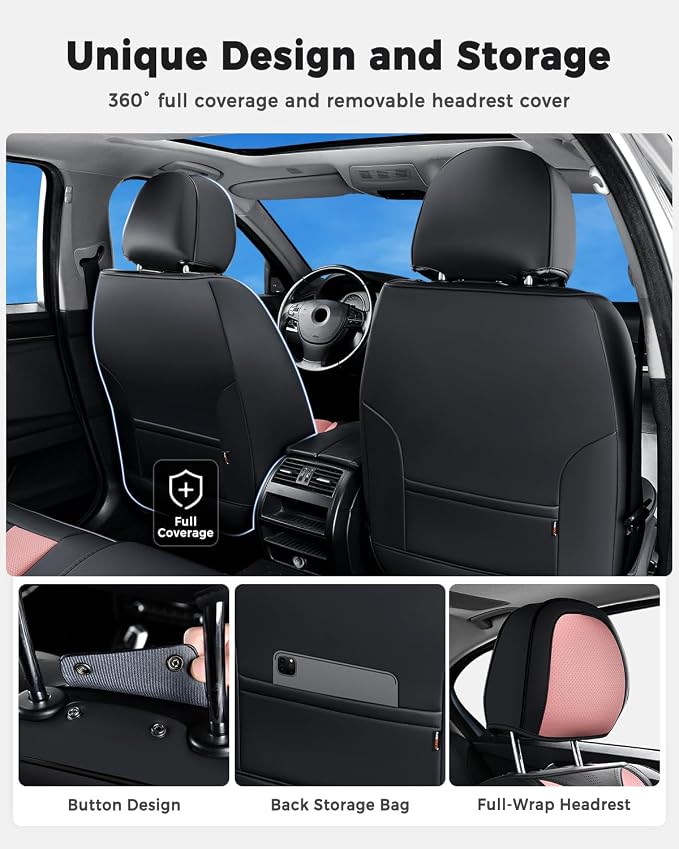 Huidasource Seat Covers Full Set Luxury Nappa Leather, Seat Covers with Velcro Adjustable, Airbag, Lumbar Support, Cooling＆Heating, Car Seat Cover Set Universal Fit for Most Cars SUV Trucks Black＆Pink