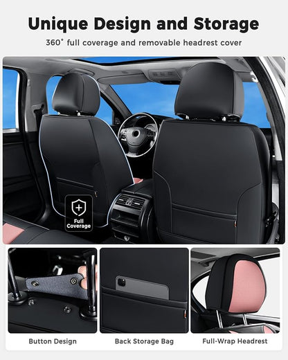 Huidasource Seat Covers Full Set Luxury Nappa Leather, Seat Covers with Velcro Adjustable, Airbag, Lumbar Support, Cooling＆Heating, Car Seat Cover Set Universal Fit for Most Cars SUV Trucks Black＆Pink