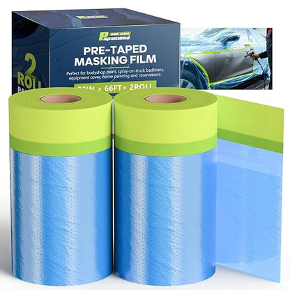 Pre-Taped Masking Film for Painting(2 Rolls) - 22" x 66'Painters Plastic Sheeting with Tape and Drape, Painters Drop Cloth for Automotive & Home, Cover for Walls/Floors/Windows/Cars Protection