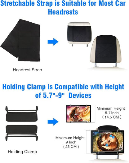 WONNIE Upgrade Tablet Holder for Car, Car Headrest Mount Holder for Back Seat, Car Tablet Mount for Kids with Silicone Strap & Anti-Slip Holding Clamps, Fits All 10-12.9" Tablets