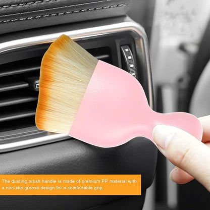 2 PCS Car Interior Detailing Brush, Curved Car Interior Cleaning Brush with Ultra Soft Bristles & Dust Cover, Scratch-Free Auto Dusting Brushes for Dashboard AC Vent Leather (Pink)