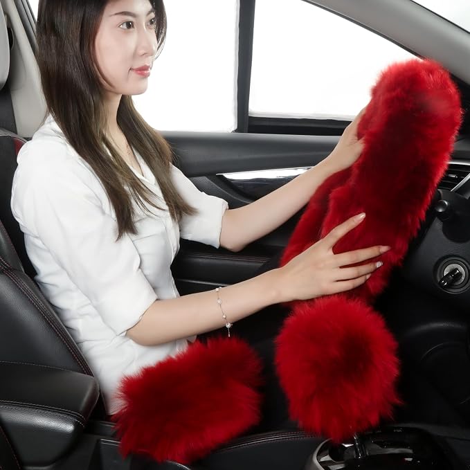 Fuzzy Genuine Sheepskin Steering Wheel Cover Set for Women Parents-Fluffy Soft Australian Merino Wool Wrap with Gear Shift and Hand Brake Covers, Cozy Stylish Luxury Car Accessories (Red)