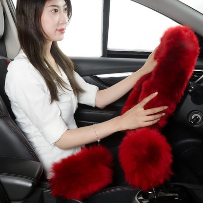 Fuzzy Genuine Sheepskin Steering Wheel Cover Set for Women Parents-Fluffy Soft Australian Merino Wool Wrap with Gear Shift and Hand Brake Covers, Cozy Stylish Luxury Car Accessories (Red)