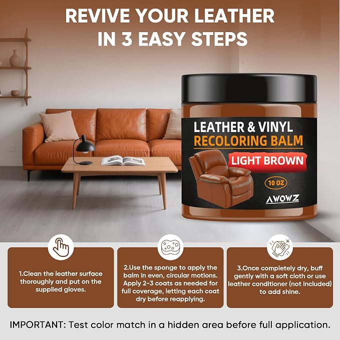 Leather Recoloring Balm - Scratch Repair & Color Restore Kit for Faded Leather, Couch & Car Seats - 10OZ Leather Restorer Balm for Furniture, Auto Interior, Vinyl, Accessories (Light Brown-Tan)
