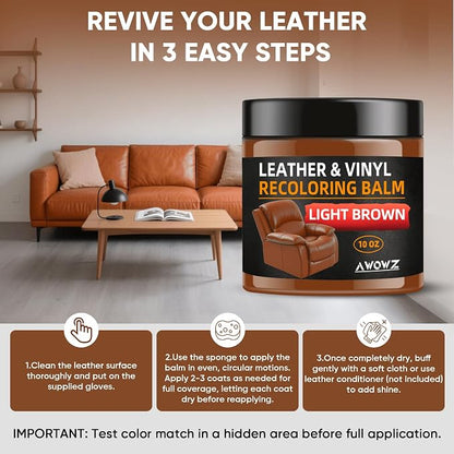Leather Recoloring Balm - Scratch Repair & Color Restore Kit for Faded Leather, Couch & Car Seats - 10OZ Leather Restorer Balm for Furniture, Auto Interior, Vinyl, Accessories (Light Brown-Tan)