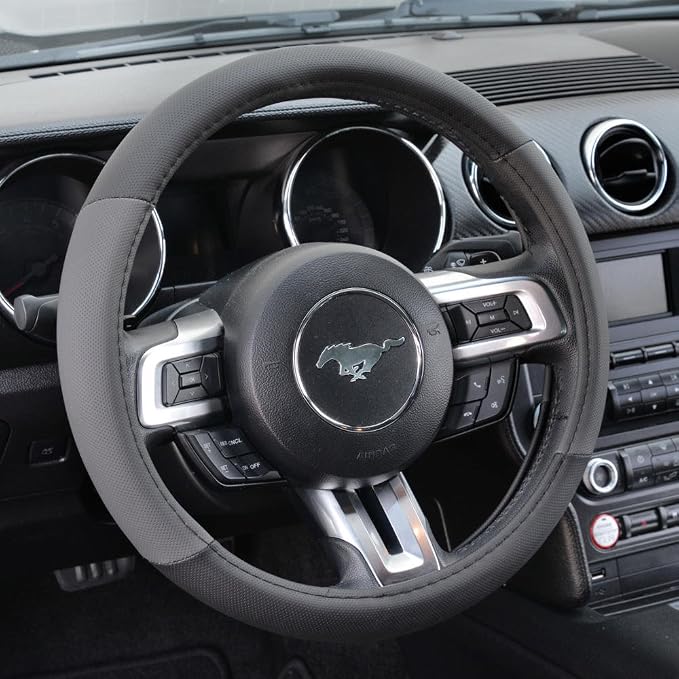 BDK Sporty Two Tone Ergonomic Grip Steering Wheel Cover - Plush Leather Grip for Standard Size Wheels 14.5-15 inch Gray/Black