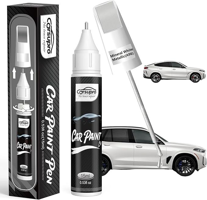 Mineral White Metallic(A96) for BMW Touch Up Paint Pen, 2 in 1 Car Scratch Remover with Pen Tip and Brush, Precise Color Match for Car Paint Scratch Repair, Quickly and Easily Fix Chips and Nicks