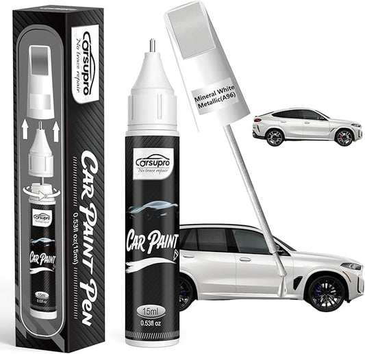Mineral White Metallic(A96) for BMW Touch Up Paint Pen, 2 in 1 Car Scratch Remover with Pen Tip and Brush, Precise Color Match for Car Paint Scratch Repair, Quickly and Easily Fix Chips and Nicks