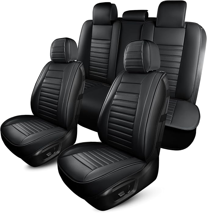 HChengkikz Car Seat Covers Full Set, Waterproof Faux Leather Automotive Seat Covers for Cars, Breathable Universal Car Seat Covers Protectors for Sedan SUV Truck (5 PCS Full Set, Black)