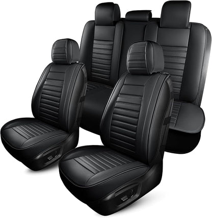 HChengkikz Car Seat Covers Full Set, Waterproof Faux Leather Automotive Seat Covers for Cars, Breathable Universal Car Seat Covers Protectors for Sedan SUV Truck (5 PCS Full Set, Black)