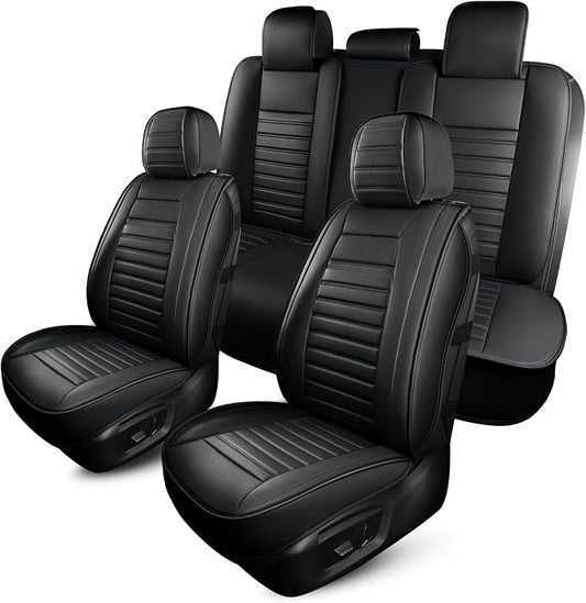 HChengkikz Car Seat Covers Full Set, Waterproof Faux Leather Automotive Seat Covers for Cars, Breathable Universal Car Seat Covers Protectors for Sedan SUV Truck (5 PCS Full Set, Black)