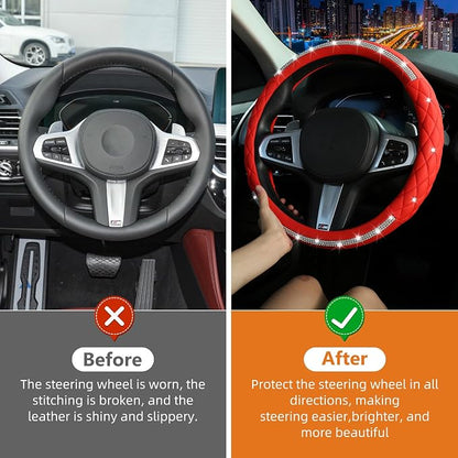 Diamond Steering Wheel Cover，with Bling Crystal Rhinestone, Delicate and Anti-Slip Sparkly Steering Wheel Cover ，Adaptable to 14.5-15 inches Car Wheel Protector for Women Girl，Car Accessories, Red