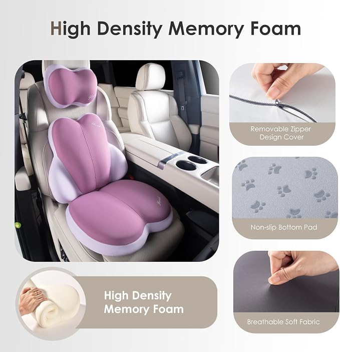 FLORICH 3 PCS Seat Cushion for Carseat Lumbar Support Pillow Car Neck Headrest Pillows Ultrathick Memory Foam Seat Pads Pressure Relief Back Cushion for Office Chair(Purple)
