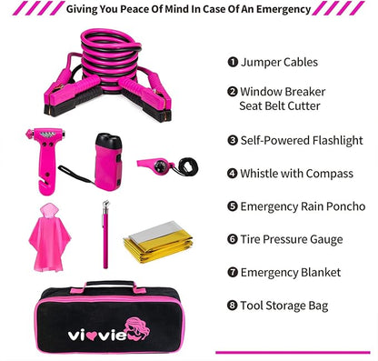 Roadside Emergency Car Kit for Vehicles, Car Safety Kit with Jumper Cables, Safety Hammer, Pink Car Accessories Road Trip Essentials Assistance Kit for Teen Girls Women